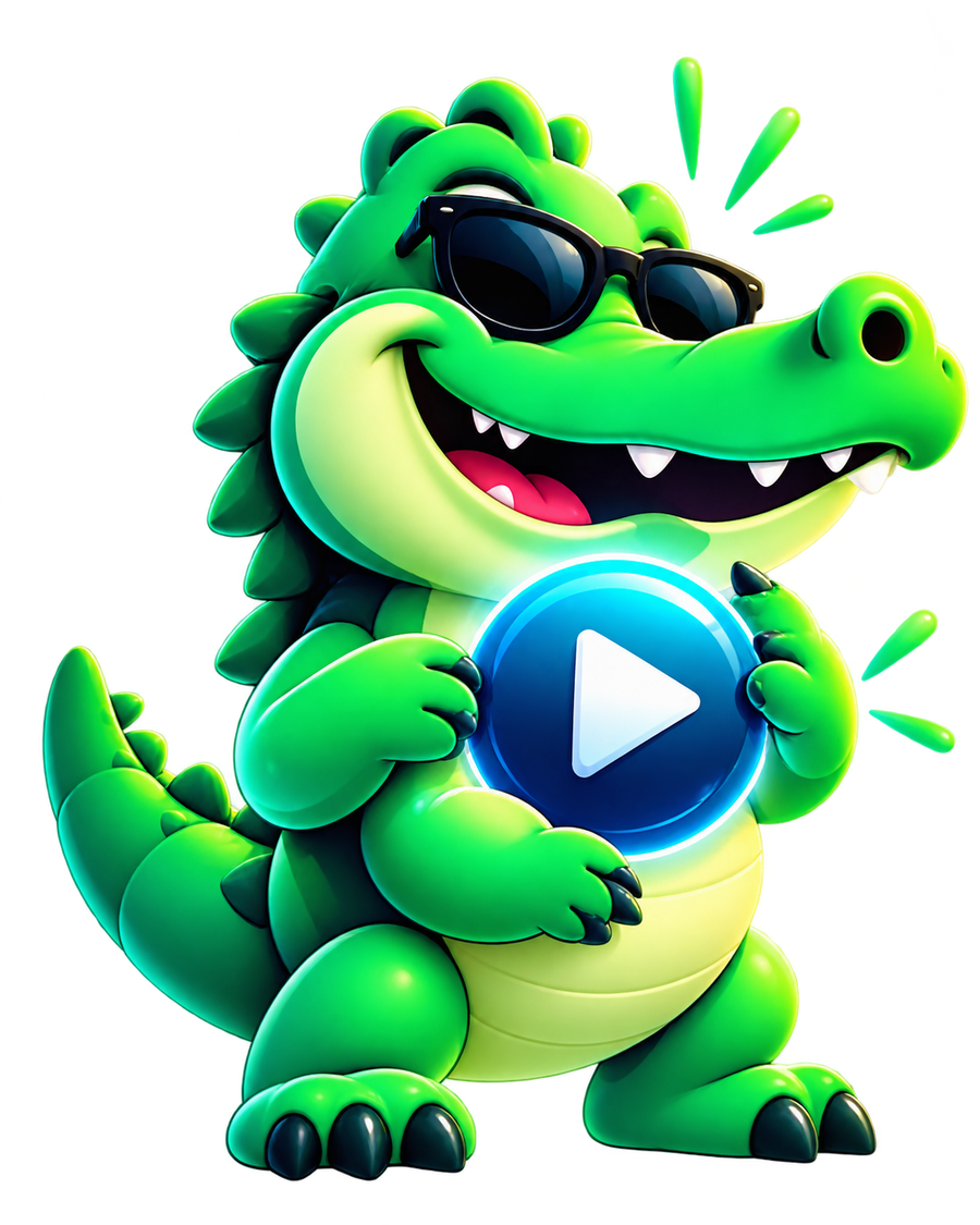 Clipodilla crocodile mascot holding a play button