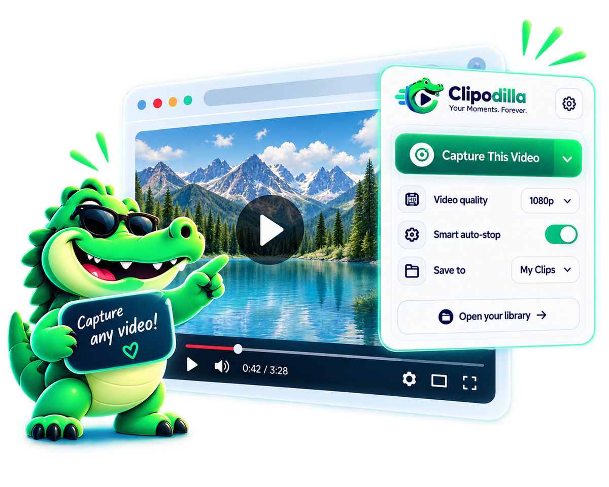 Clipodilla extension controls shown beside a video player